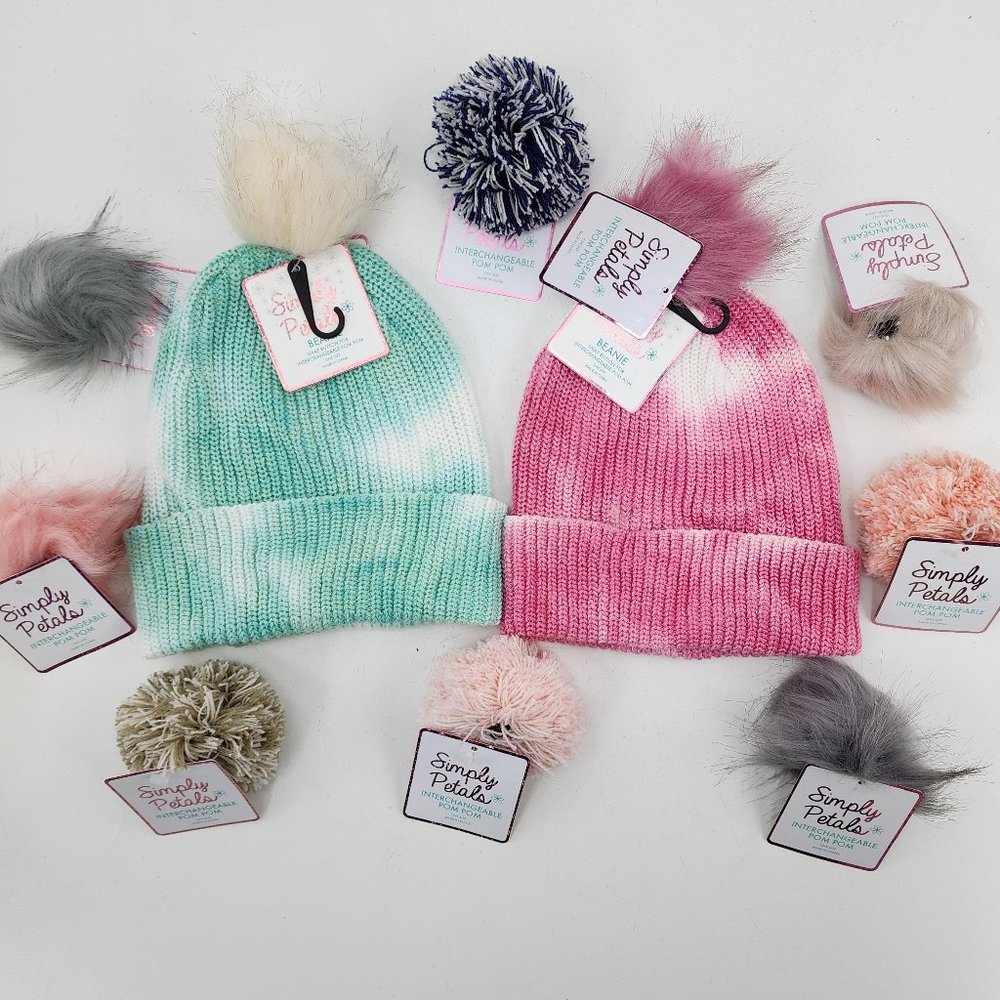 New Simply Petals Womens Pink & Mint Green Tie Dye 2 Knit Beanie Caps & 10 Poms